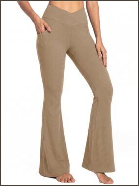 Womens Flare Leggings Crossover High Waist Ribbed Bootcut Yoga Pants